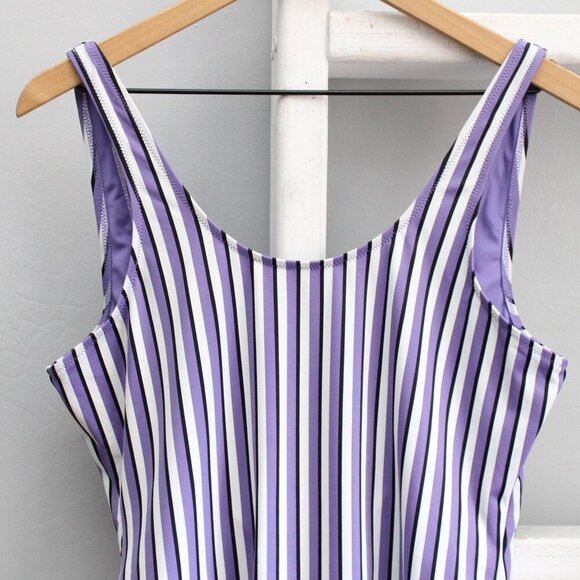 Weekday Purple White Emerald Vertical Stripe One Piece Swimsuit Size Large - Picture 2 of 5